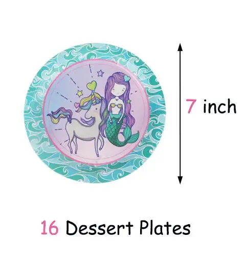 16pcs 7 inch plates Вечерние принадлежности с единорогом/русалочкой 16 шт. бумажные тарелки вилки ложки украшения для дня рождения Детская одноразовая посуда/салфетка бумага - Цвет: 16pcs 7 inch plates