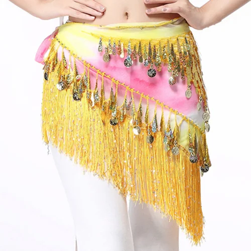 Yellow with sequins Женский живот аксессуары для танцевальной одежды каплевидные пайетки накидка с бахромой эластичная основа галстук-краситель треугольник ремни монеты хип шарф - Цвет: Yellow with sequins