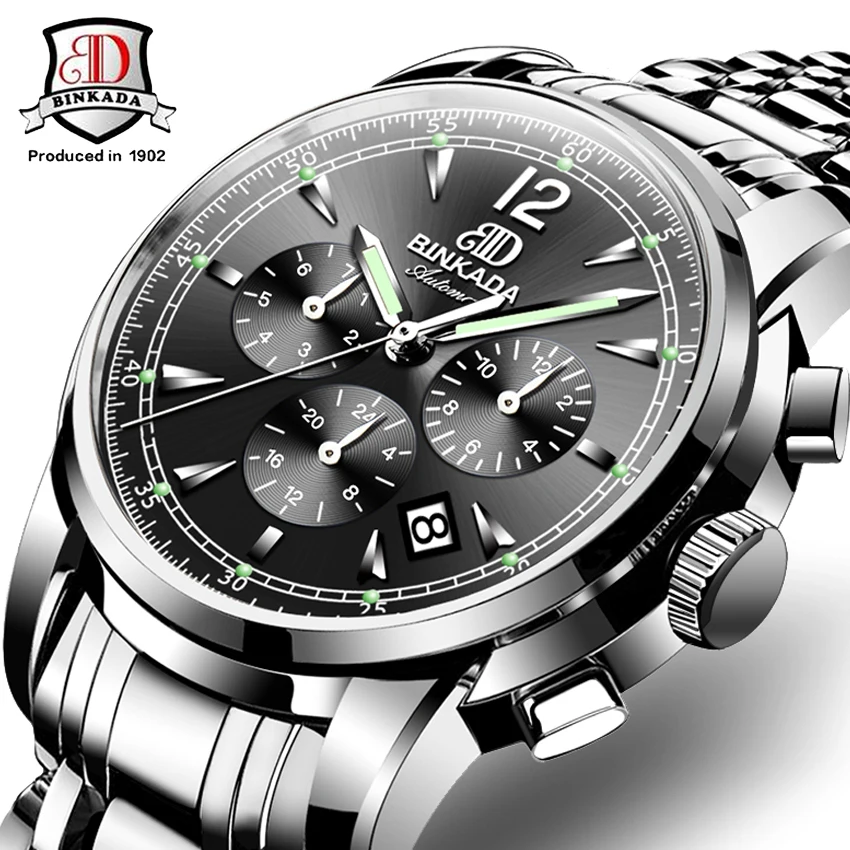 BINKADA Нержавеющая сталь Для мужчин Наручные часы Авто Дата лучший бренд класса