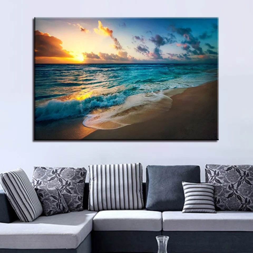 

1 Piece Sunset Beach Seascape Canvas Painting Modern Wall Art Picture Framework Or Frameless Home Decorative Bedroom