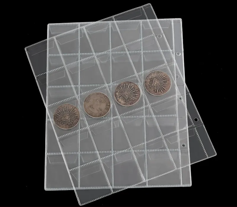 

40pcs coins album pages loose leaf sheet 20/30/42 pockets 3 hole coin collection 252x200mm
