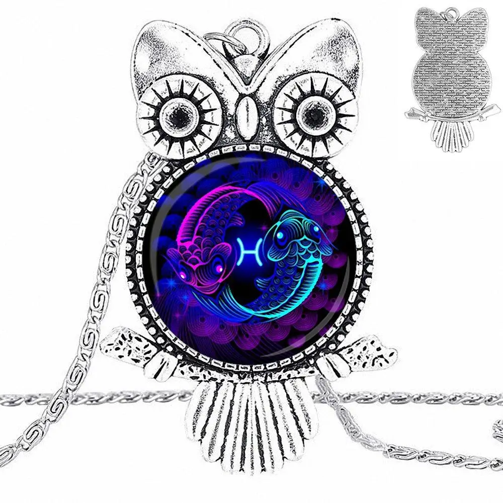 EJ Glaze For Girls Statement Maxi 12 Constellation Leo Virgo Glass Cabochon Pendant Necklace Owl Fashion | Украшения и аксессуары