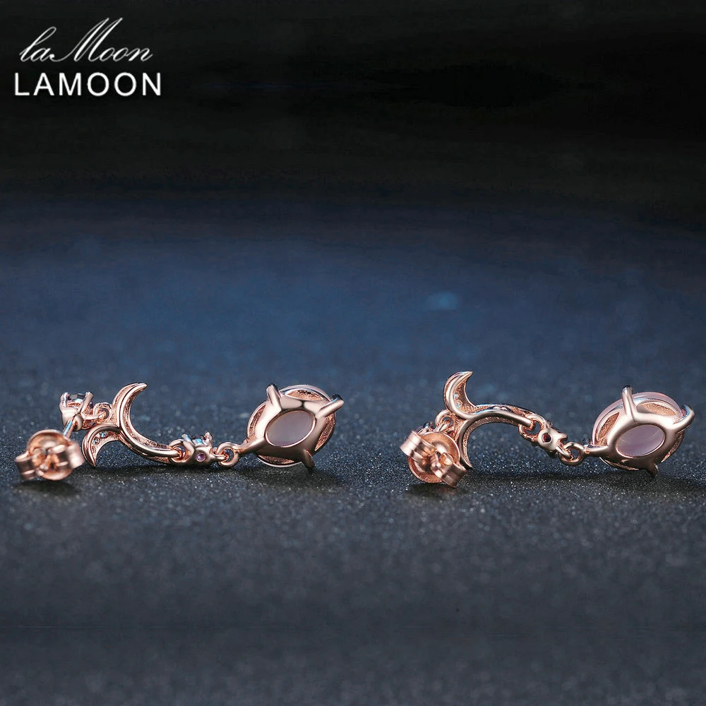 LAMOON- 7X9mm 100% Natural Oval Pink Rose Quartz 925 Sterling Silver Jewelry Drop Earrings S925 LMEI010 | Украшения и аксессуары