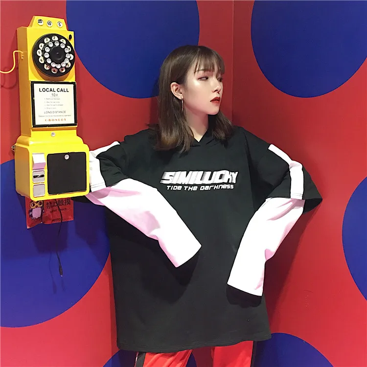 Осенняя модная футболка женские футболки корейские Ulzzang Harajuku с принтом имитация
