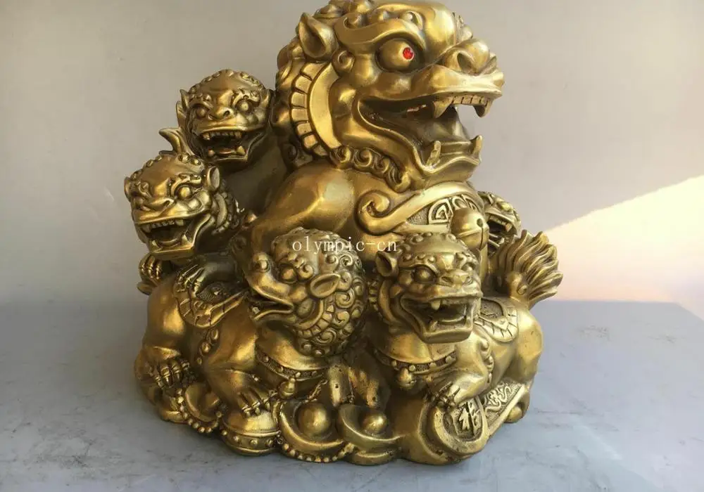 10'' brass folk fengshui decor auspicious beast treasure six fu foo dogs lion | Дом и сад