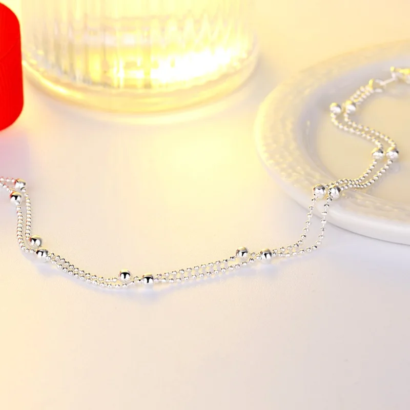 

OMHXZJ Wholesale European Fashion Woman Girl Party Birthday Wedding Gift Sweet Beads Two Lines 925 Sterling Silver Anklet JL05