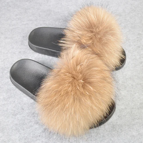 raccoon fur Женские тапочки из натурального Лисьего меха; милые летние пушистые туфли с натуральным лисьим мехом; Роскошные брендовые сандалии на плоской подошве с натуральным лисьим мехом - Цвет: raccoon fur
