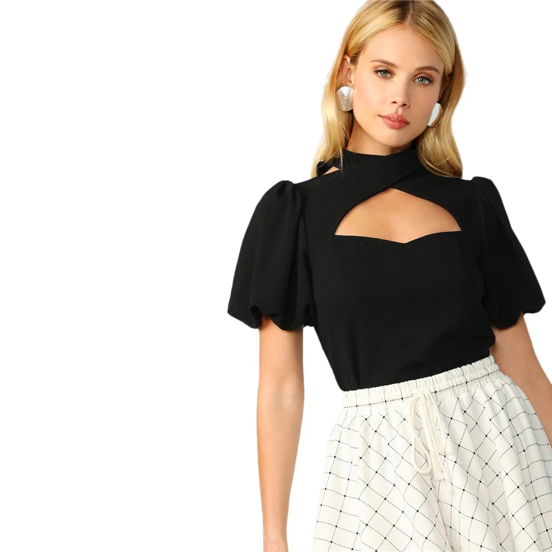 SHEIN, Сексуальная Блузка с вырезом, с пышным рукавом, черная, короткий рукав, женские топы, летние, элегантные, со стоячим воротником, Женские топы и блузки