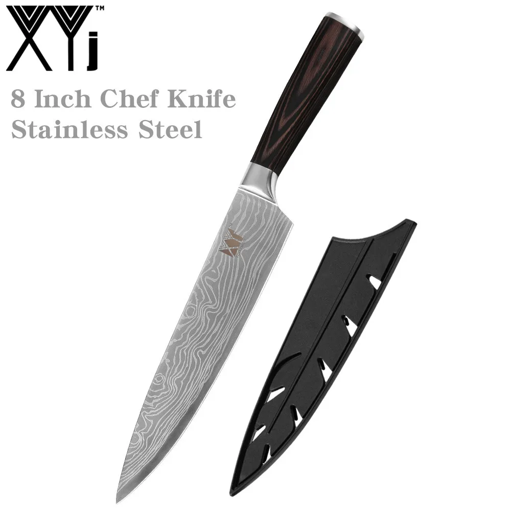 NO.1 XYj 8 inch Stainless Steel Chef Knife Damascus Pattern Blade Color Wood Handle Kitchen Cooking Knives Meat Fish Tools Accessory - Color: NO.1