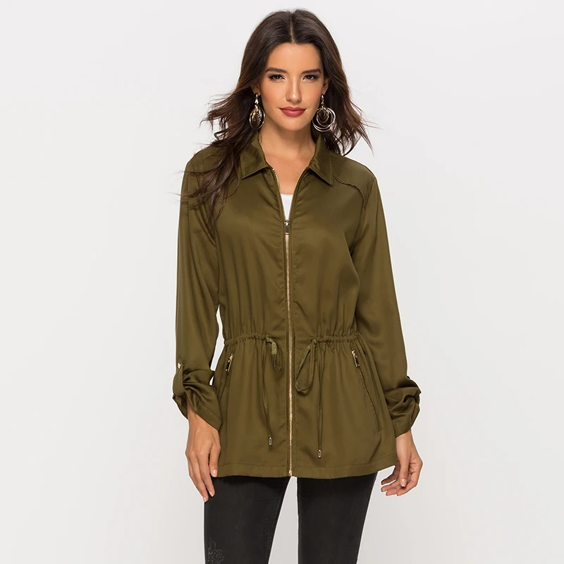 

ESCALIER Anorak Jacket for Women Lapel Waist Drawstring Army Green Silk Loose Military Parka Coat