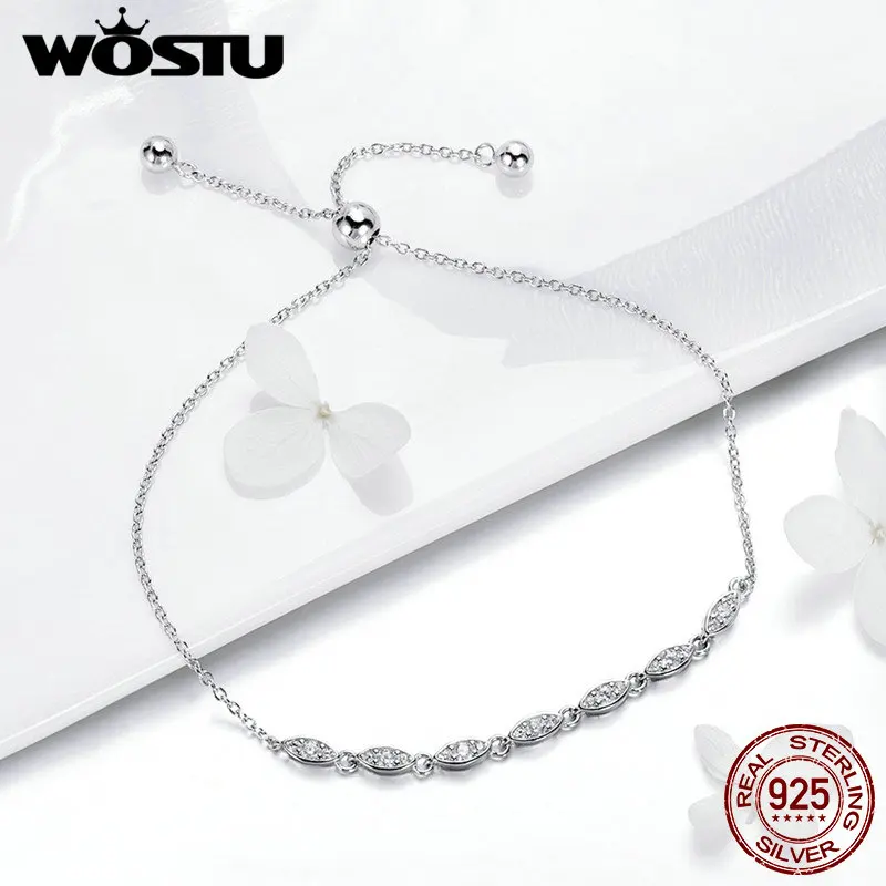 WOSTU,, 925 пробы, серебряная цепочка, блестящий Штабелируемый овальный CZ камень, регулируемый женский браслет, роскошные серебряные ювелирные изделия CQB086