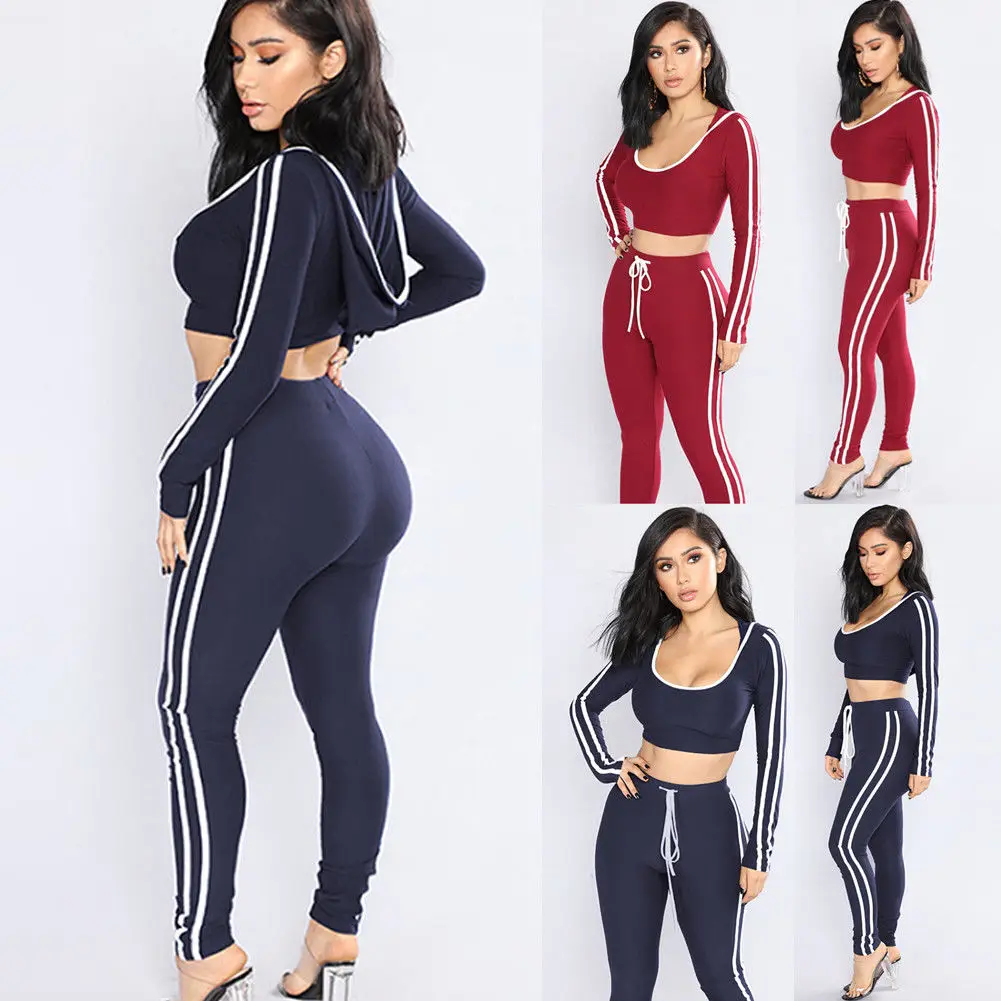 

Fashion Brand Newest Womens Sport Hoodies Sweatshirt Crop Tops Pants Set 2Pcs Tracksuit Sweat Suit Clothes Slim Bodycon Clothing