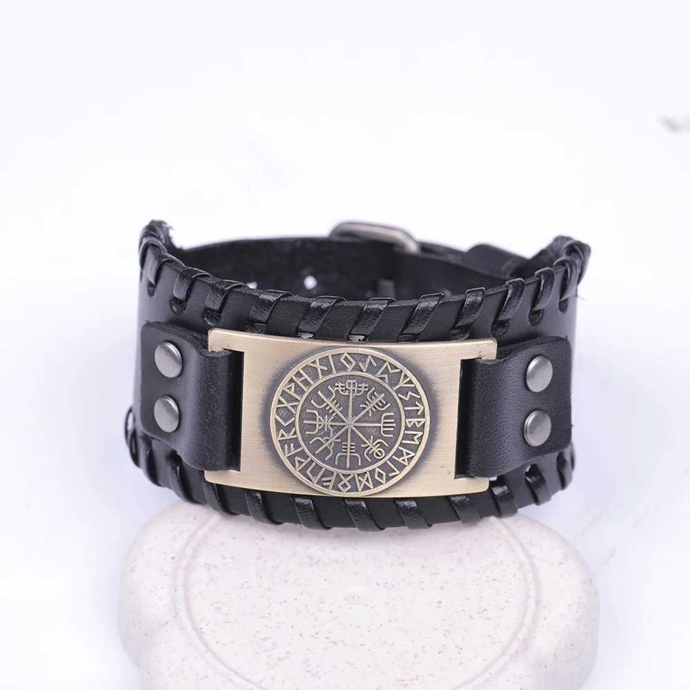 Teamer Wide Leather Bracelets Vintage Nordic Viking Rune Vegvisir Compass Charm Cuff Bracelet Men Women Gift Fashion Jewelry|Браслеты с
