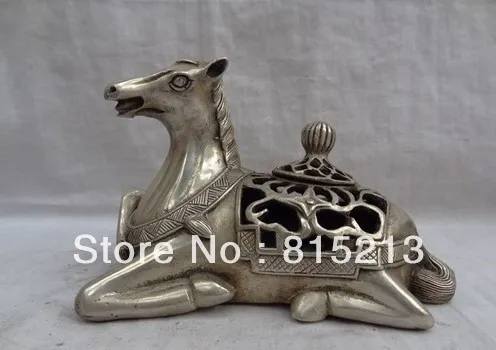 

wang 000914 China Silver Flower Kneel Hollow Horse Statue Bronze Incense Burner Censer