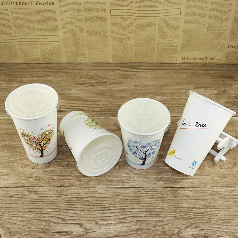 cup and clear lid 50 шт одноразовые стаканчики для кофе, уплотненные бумажные стаканчики, Мультяшные чашки с изображением дерева любви, молока, чая, кофе, сока, напитков, упаковочные стаканчики с крышками - Цвет: cup and clear lid