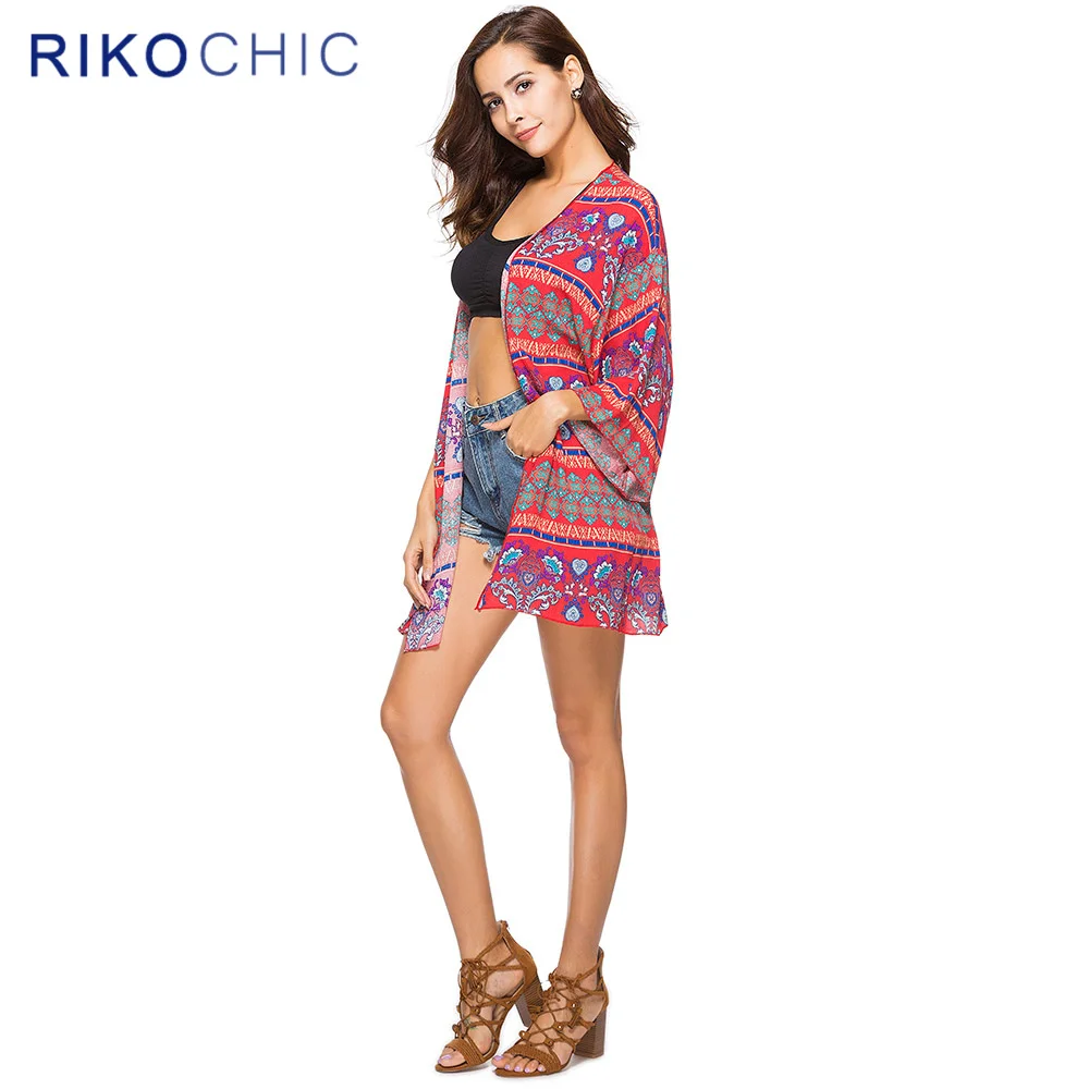 RIKOCHIC Boho Summer Sunscreen Women Tops Beach Gypsy Floral Printed Red Kimono Cardigan Chiffon Blouse C254 |