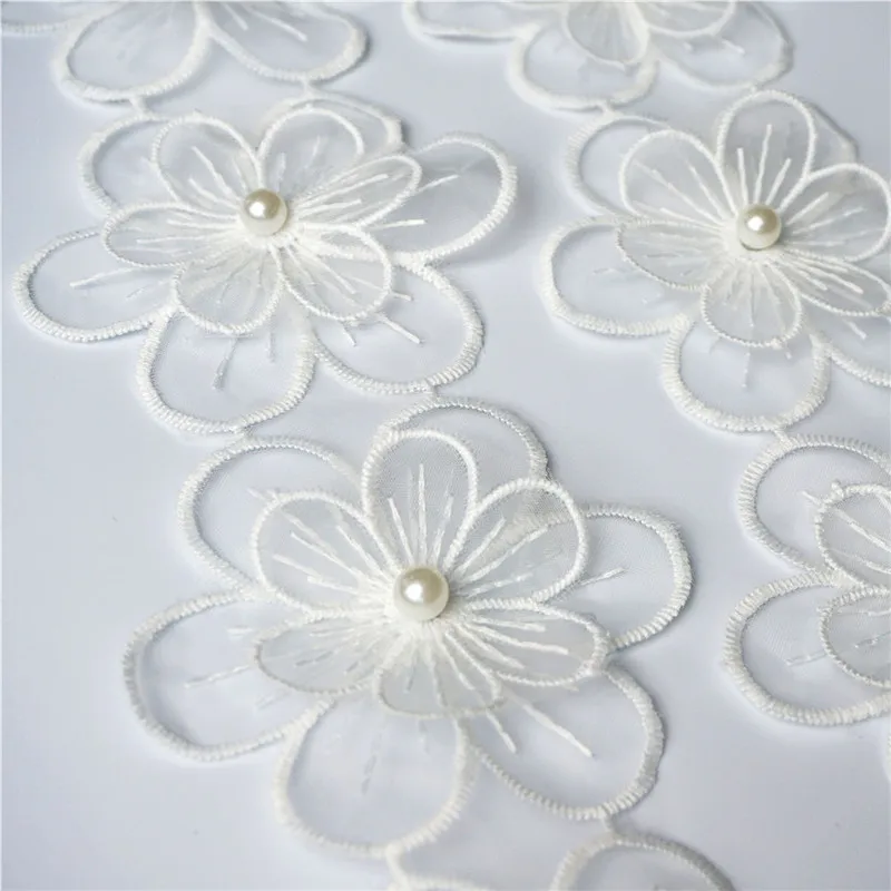 2 ярда 8 см белые кружевные цветы бусины слоя сетка вышитая отделка ПРИШИТАЯ