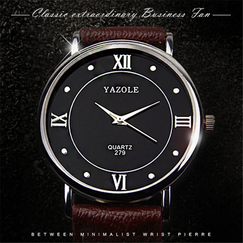 Yazole модные классические мужские часы с кожаным ремешком кварцевые наручные Relogio