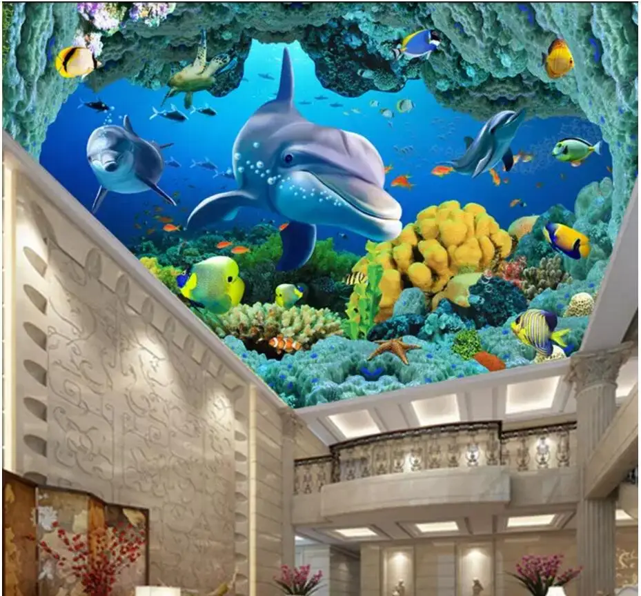 

Custom photo 3d ceiling murals wallpaper Underwater world dolphin fish coral living room 3d wall murals wallpaper for walls 3 d