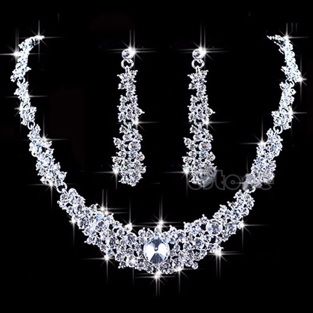 

Silver Tone Crystal Fashion Prom Women's Wedding Bridal Jewelry Crystal Rhinestone Necklace Earring Sets Gift