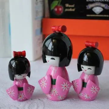 3 pezzi nuovo carino fatto a mano orientale giapponese rosso scuro rosa Kokeshi ragazze bambole di