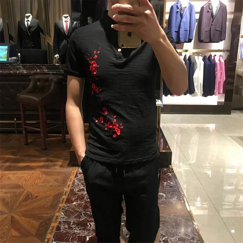 Мужская мода в Японском стиле plum blossom вышивка лацкан отдых с коротким рукавом