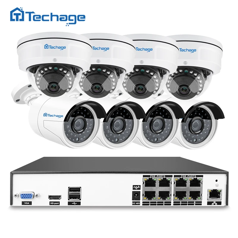 Techage H.265 8CH 48 В POE NVR 4MP CCTV Системы Vandalproof антивандальный Indoor Открытый Купол IP Камера