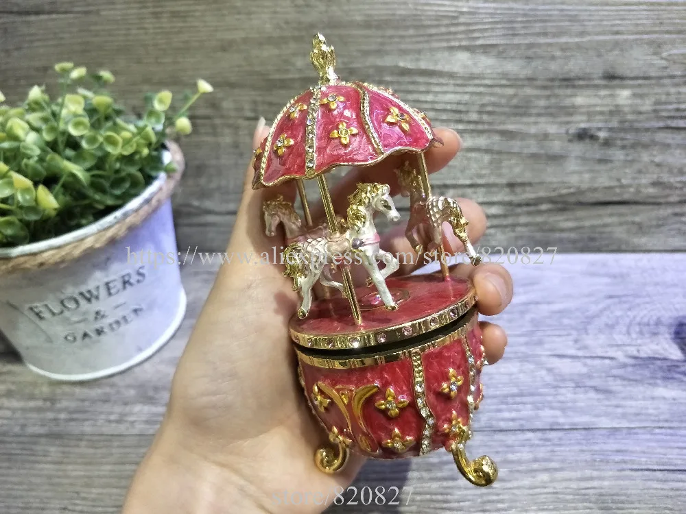 Новая Винтажная музыкальная шкатулка в форме яйца фаберж стиль яйцеобразная Музыкальная шкатулка-Оловянная Фигурка, Музыкальная Коробка-яйцо для ювелирных изделий с лошадьми