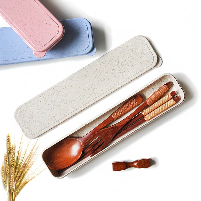 

Japan Style Portable Tableware Set Wooden Three Sets of Adult Student Travel Tableware Boxes Creative