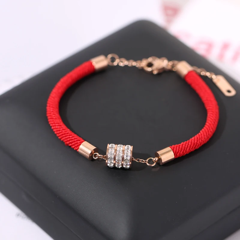 

YUN RUO 2019 Fortune Zircon Red Line Bracelet Fashion Woman Girl Birthday Gift Rose Gold Color Titanium Steel Jewelry Never Fade