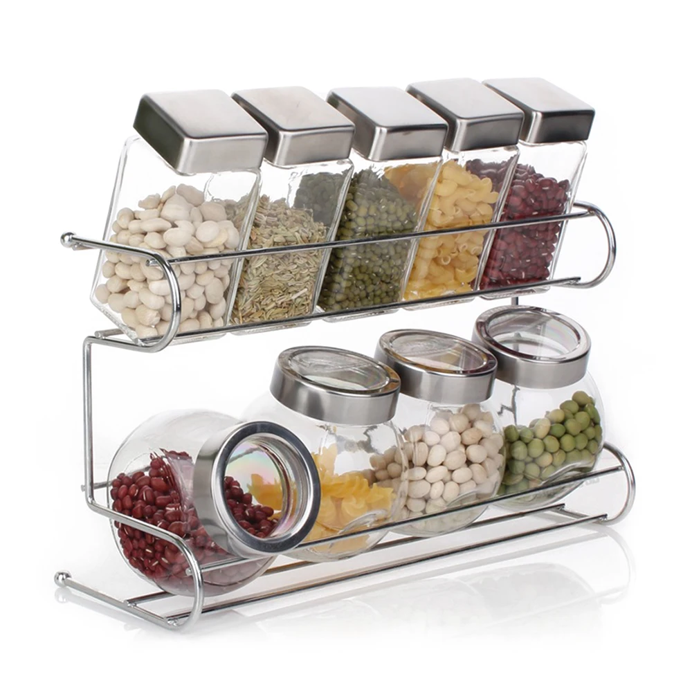 Kitchen Glass Seasoning Bottle Set Cruet Condiment Spice Jar Salt and Pepper Shakers with Shelf kitchen accessories 10pcs/Set #3 | Дом и сад