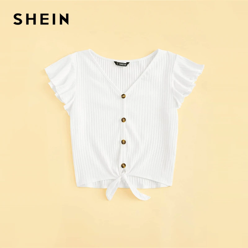 SHEIN Модная трикотажная Футболка с рукавами-крылышками и пуговицами, женская футболка, шикарные летние топы с v-образным вырезом и коротким рукавом