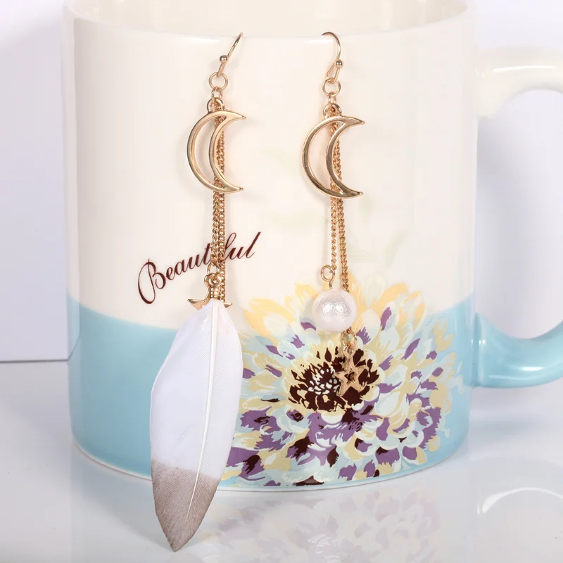 Trendy feather Dangling earrings For Women Moon Star asymmetrical vintage Drop Jewelry aretes de mujer modernos 2019 | Украшения и