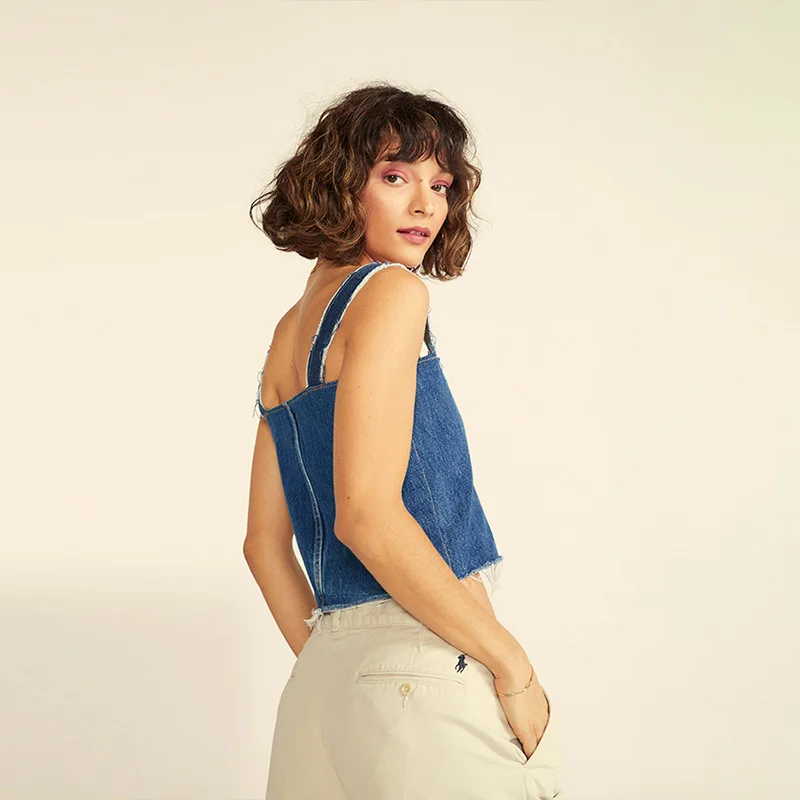 Пикантные туфли из джинсовой ткани укороченный топ Для женщин на шнуровке бандажный Топ джинсовый