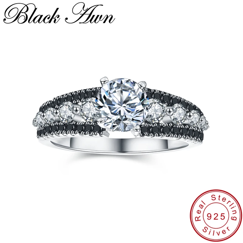 

[BLACK AWN] Luxury 925 Sterling Silver Jewelry Wedding Rings for Women Black Spinel Engagement Ring Femme Bijoux Bague C004