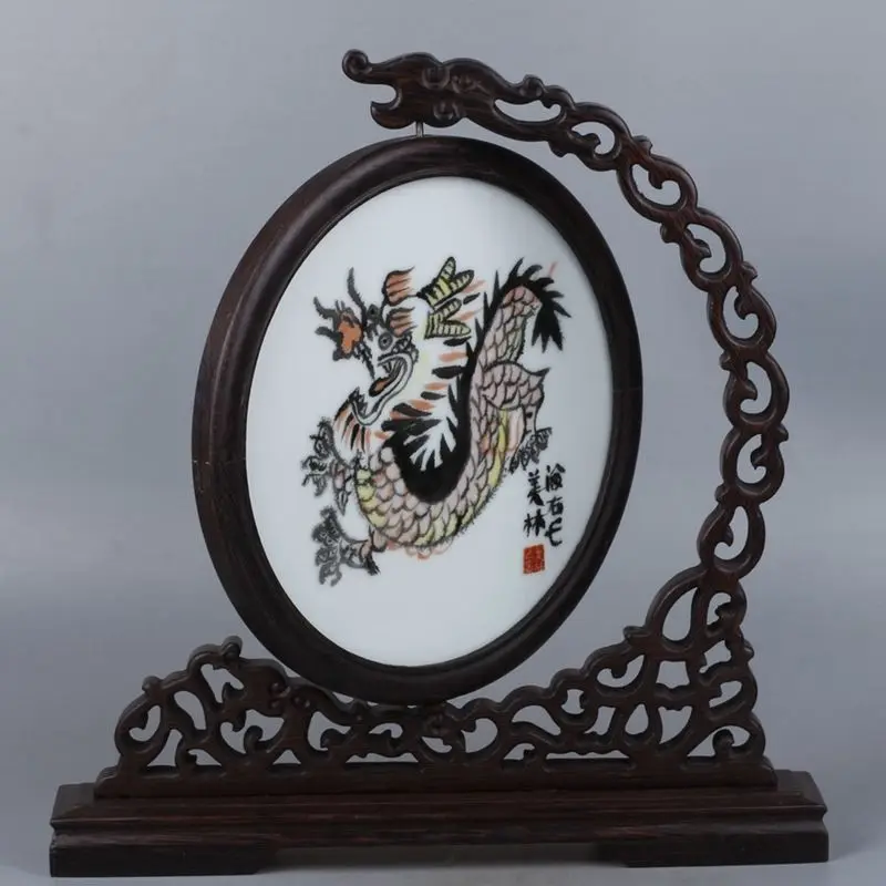 China Exquisite Handmade Zodiac Dragon pattern Porcelain Screen Wooden stent | Дом и сад