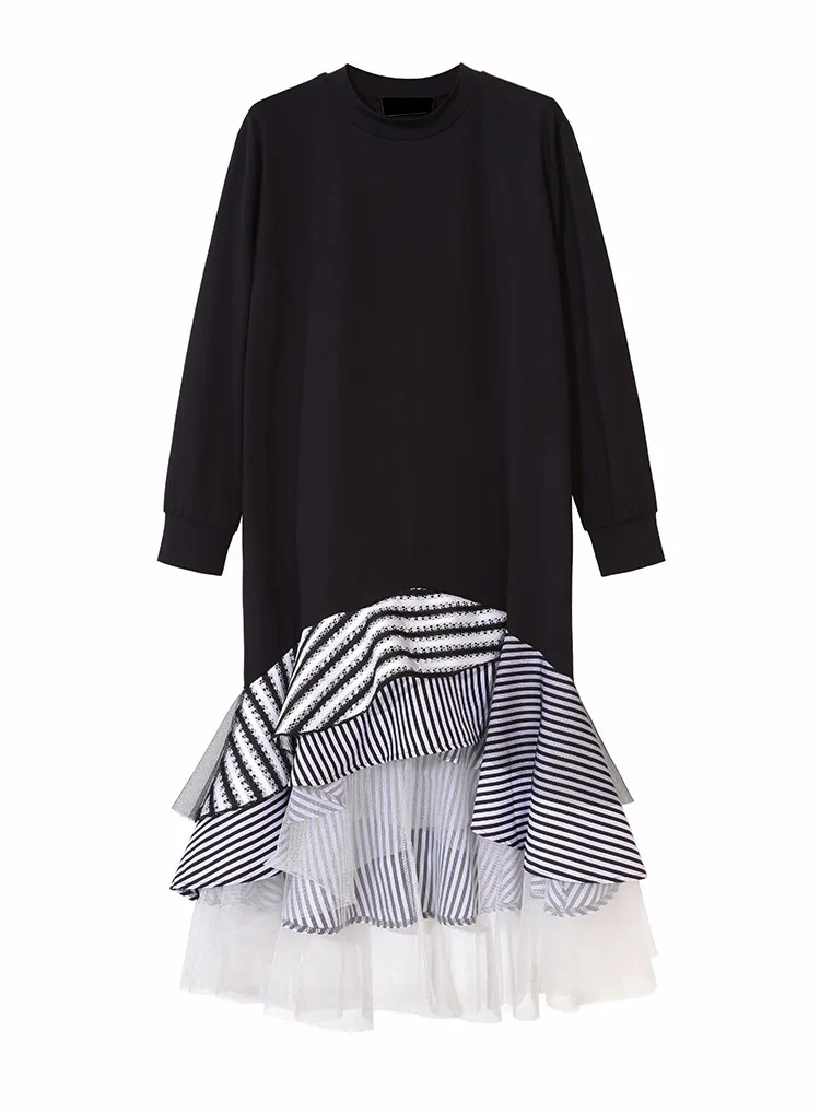 

SEPTEVAGUS Trumpet Dress Female Short Sleeve Striped Mesh Patchwork Asymmetrical Midi Dresses 2018 Spring Summer Fashion New