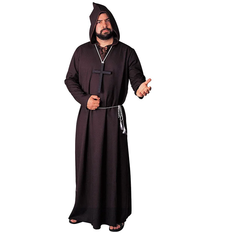 

Solemnly Vintage Deep Brown Hooded Long Robe Medieval Priest Halloween Cosplay Costume Adult Renaissance Clothing