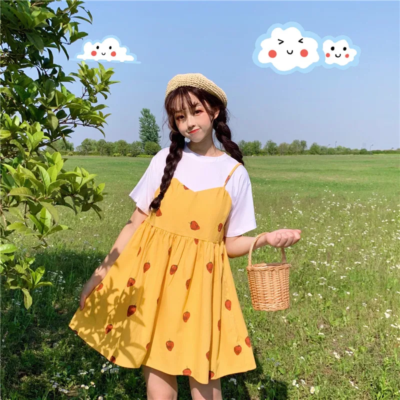 Новые летние милые платья в японском стиле для женщин, Kawaii, клубничный принт, короткий рукав, поддельные два предмета, платье для девочек, милое платьице
