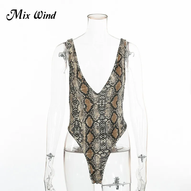 Mix Wind Woman's Sexy Deep V Bodysuit Backless Snake Skin Printing Slim Jumpsuit Open Back Clubwear | Женская одежда