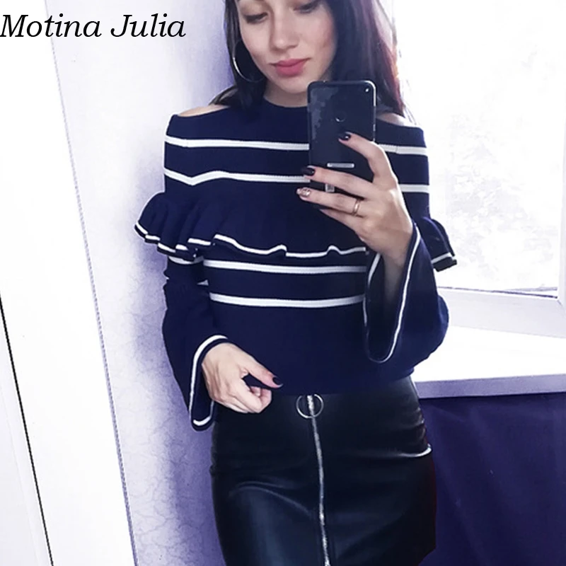Motina Julia Striped Ruffle cold shoulder knitted sweater women Autumn soft warm chic pullover female Winter party jumper | Женская