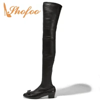 zipper black over the knee woman boots butterfly knot winter med chunky heels large size 11 16 round toe novelty mature 2021