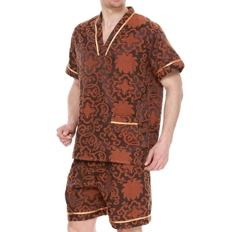 Мужская рубашка с короткими рукавами и цветочной вышивкой полубрюки пижама