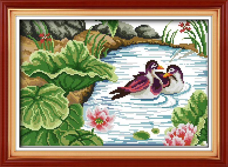 

Mandarin duck in the lotus pond cross stitch kit 14ct 11ct pre stamped canvas cross stitching embroidery DIY handmade needlework