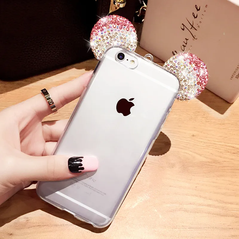 Мультфильм Микки Горный Хрусталь 3D Маус Уши Чехлы Для iPhone 6 S 7 плюс SE 5 5S Мягкий