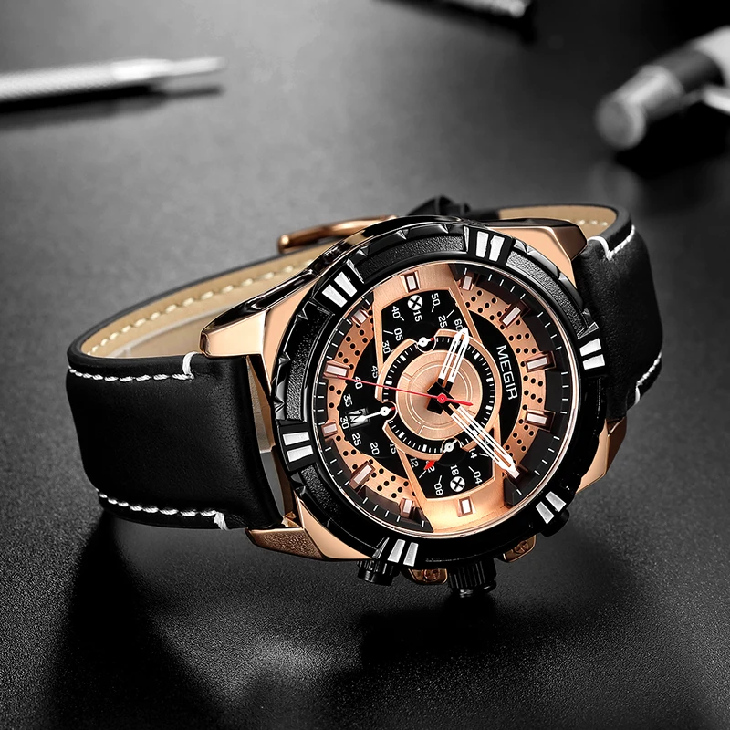 Часы MEGIR мужские с хронографом спортивные брендовые Роскошные Кварцевые