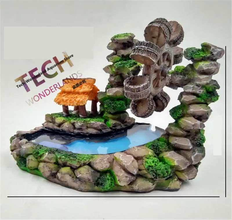 

150x140mm Environmental Resin View Aquarium Ornament Rotation Waterwheel - Artificial Mountain Windmill Decoration Fish Tank