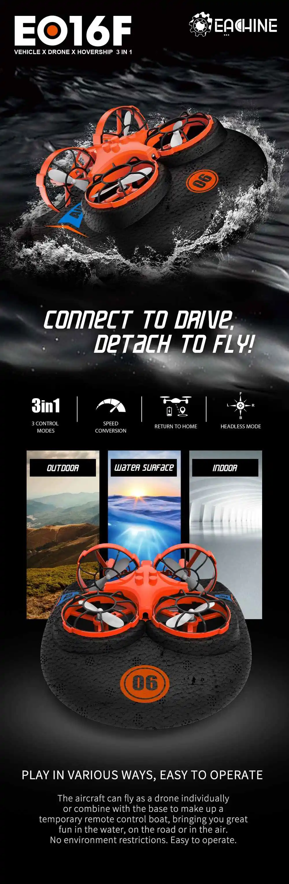 Супер бренд, ограниченное по времени предложение, Eachine E016F 3-в-1 ЕНП Летающий воздушный лодка Land режим вождения съемный Дрон Квадрокоптер с дистанционным управлением