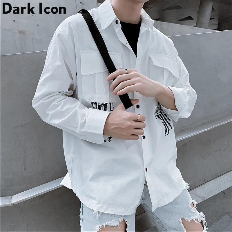 Темный логотип Ghost напечатаны вручную под воротником мужские рубашки 2019 осенние