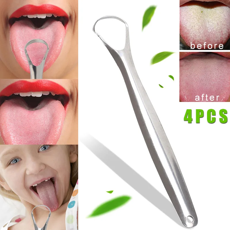 

4 Pcs Stainless Steel Tongue Scraper Fresh Breath Reusable Healthy Oral Care NShopping